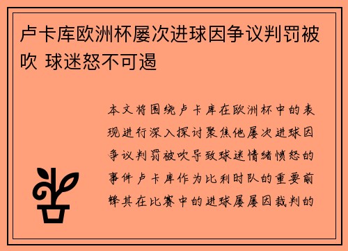 卢卡库欧洲杯屡次进球因争议判罚被吹 球迷怒不可遏