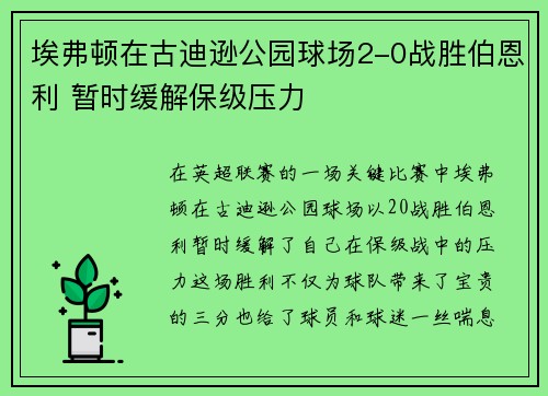 埃弗顿在古迪逊公园球场2-0战胜伯恩利 暂时缓解保级压力 埃弗顿在古迪逊公园球场2-0战胜伯恩利 暂时缓解保级压力