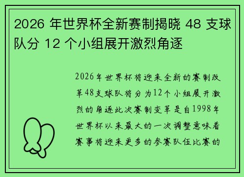 2026 年世界杯全新赛制揭晓 48 支球队分 12 个小组展开激烈角逐
